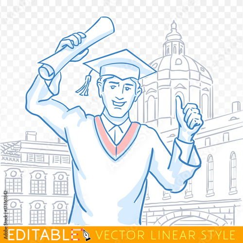 Education, graduation, gesture and people concept - happy student in mortarboard cap, bachelor gown with diploma showing thumbs up. Editable sketch in blue ink style. Hand drawn vector illustration