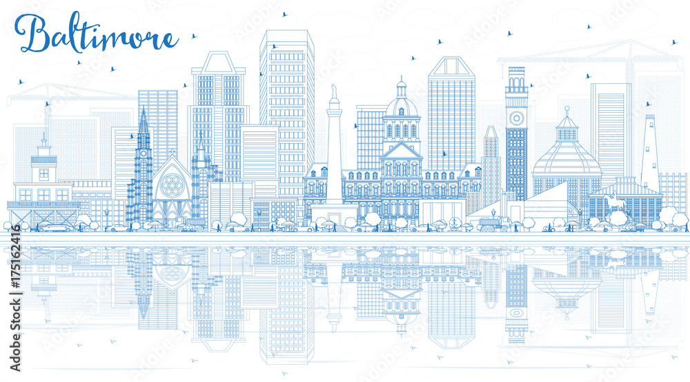 Outline Baltimore Skyline with Blue Buildings and Reflections.