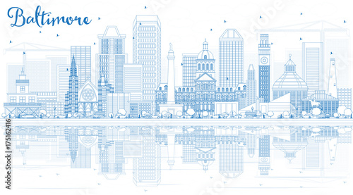 Outline Baltimore Skyline with Blue Buildings and Reflections.