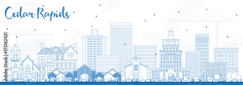 Outline Cedar Rapids Iowa Skyline with Blue Buildings.