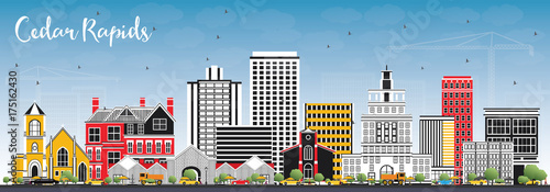 Cedar Rapids Iowa Skyline with Color Buildings and Blue Sky.