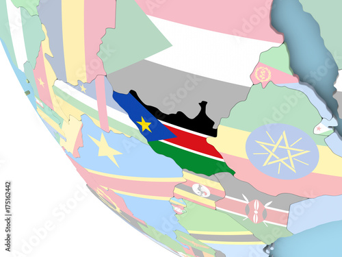 South Sudan with flag on globe