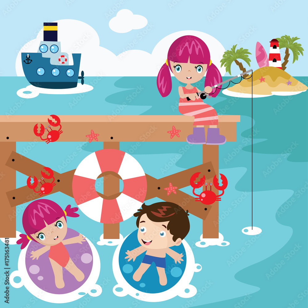 Kids Swimming and Fishing Cartoon Vector Illustration Stock Vector