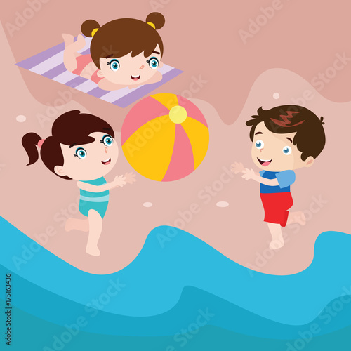 Kids Play Ball on Beach Cartoon Vector Illustration