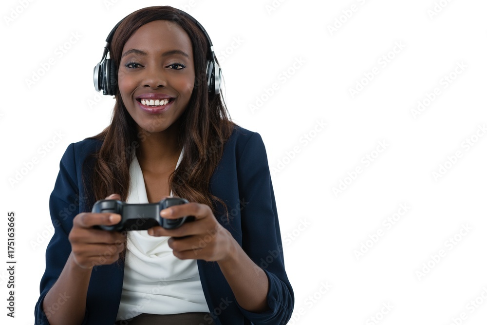 Cheerful businesswoman playing video game Cheerful businesswoman playing video game
