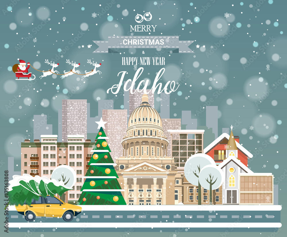 Christmas greeting card. Poster in flat style. Merry Christmas and Happy New Year, Idaho