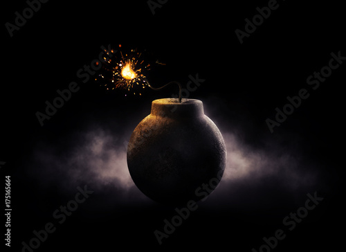 round bomb with lit fuse on a dark background /3D illustration /3D Rendering