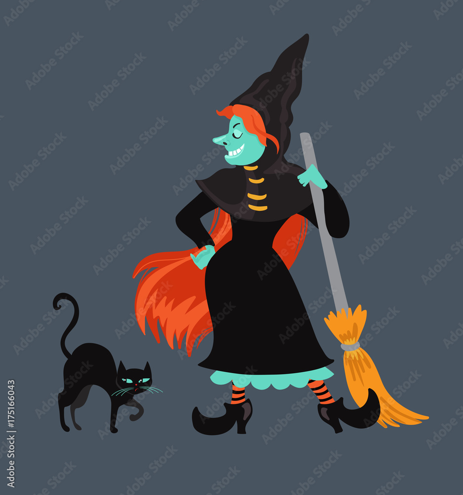 Red-haired witch in black dress and cloak .Evil cartoon witch. Vector  illustration. Stock Vector | Adobe Stock