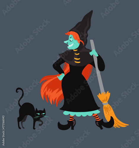 Red-haired  witch in black dress and cloak .Evil cartoon witch. Vector illustration.