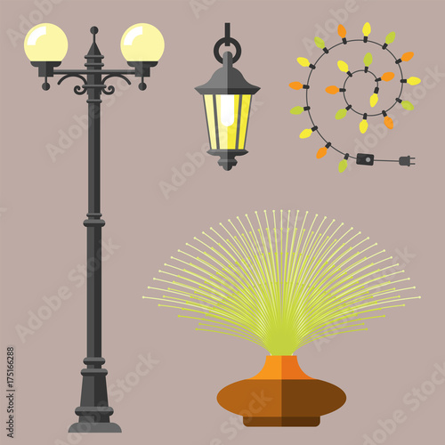 Flat electric lantern city lamp street urban lights fitting illuminator technology light bulb electricity vector illustration.