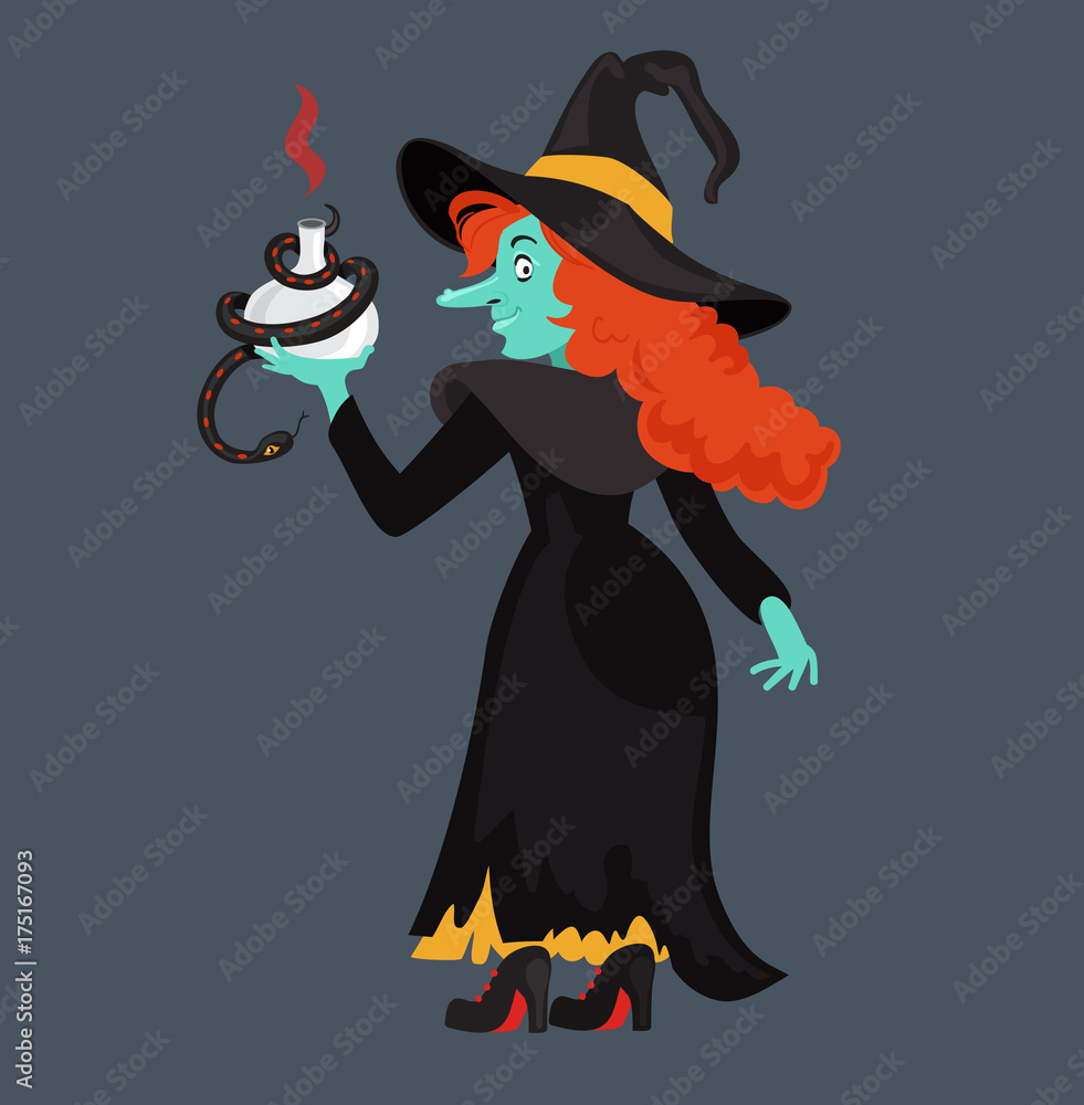 Red-haired witch in black dress and cloak. Evil cartoon witch. Vector  illustration. Stock Vector | Adobe Stock