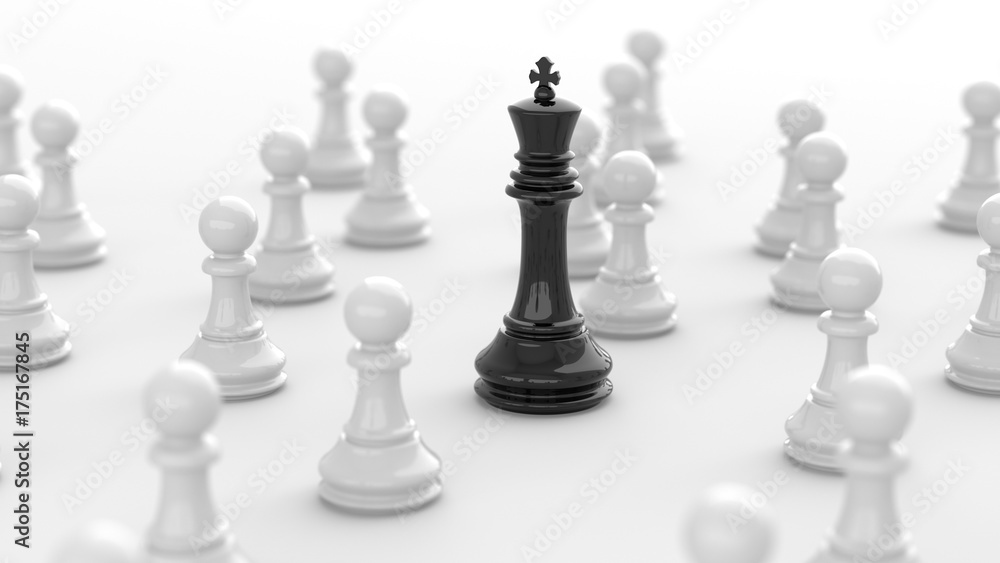 Leadership concept, black king of chess among white pawns. 3D Rendering. Leadership concept, black king of chess among white pawns. 3D Rendering.
