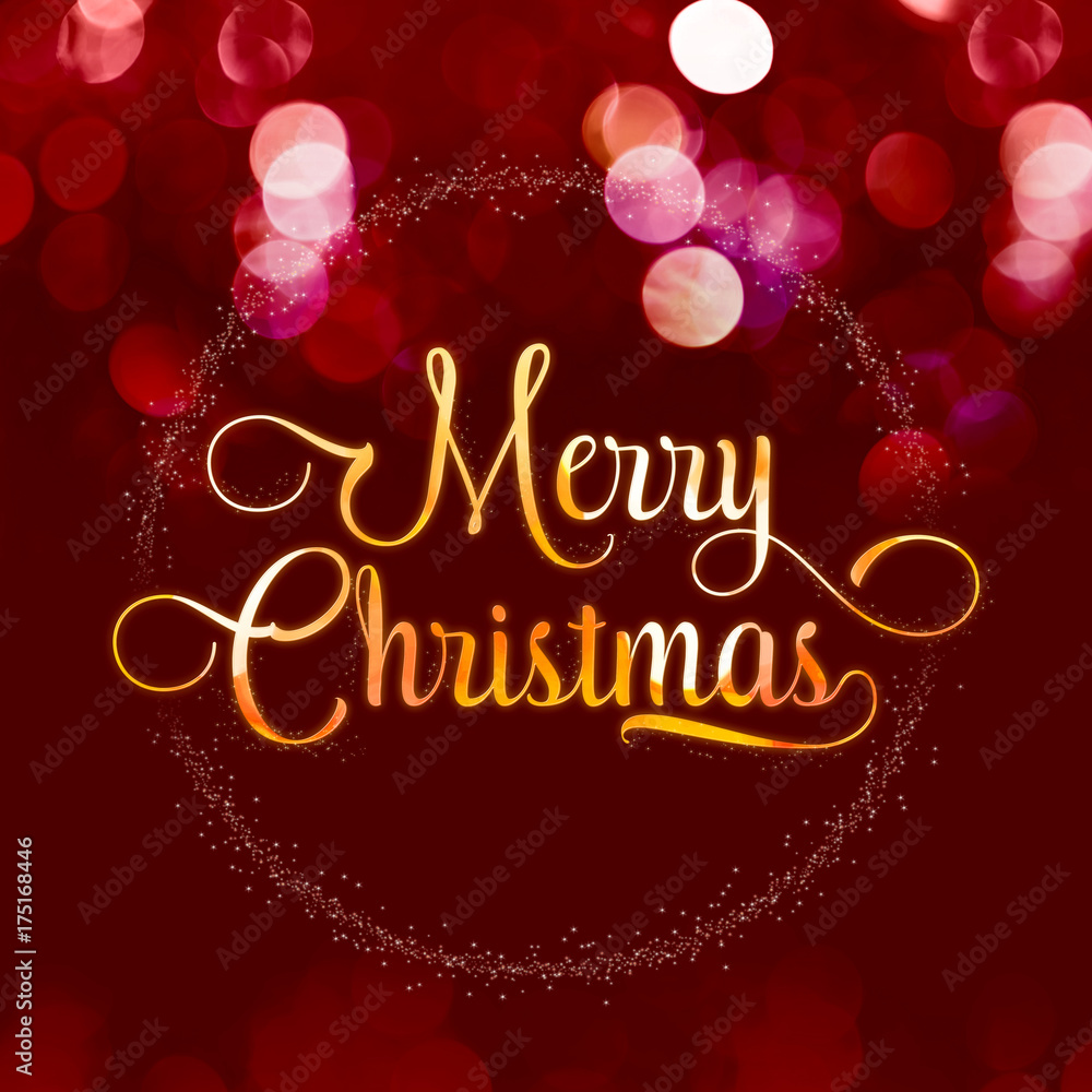 Naklejka premium Merry Christmas gold glossy texture with star wreath on red velvet color bokeh light sparkling background,Holiday greeting card