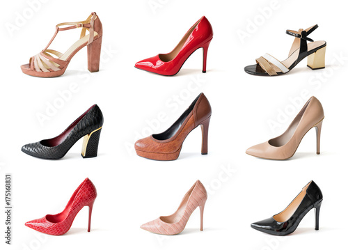 Collage of different high heels shoes isolated on white background