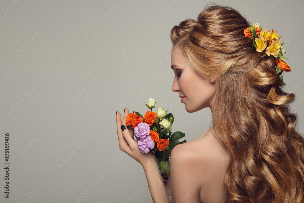 Close up portrait of young beautiful woman with flowers. Close up portrait of young beautiful woman with flowers.