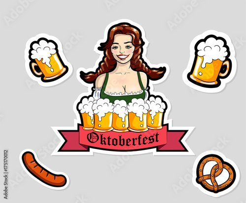 Vector illustration of waitress with mugs of beer. Oktoberfest stickers, logo.