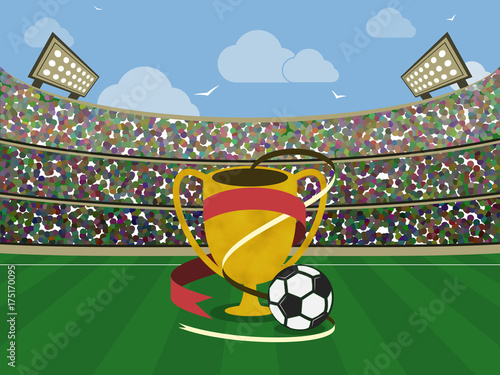 Soccer stadium and gold trophy with red ribbons and ball. Football arena. Vector illustration.