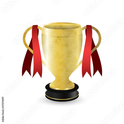 Golden sport trophy with dark pedestal and red ribbons. Vector design.