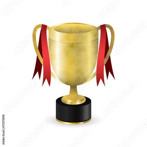 Golden sport trophy with red ribbons. Vector design.