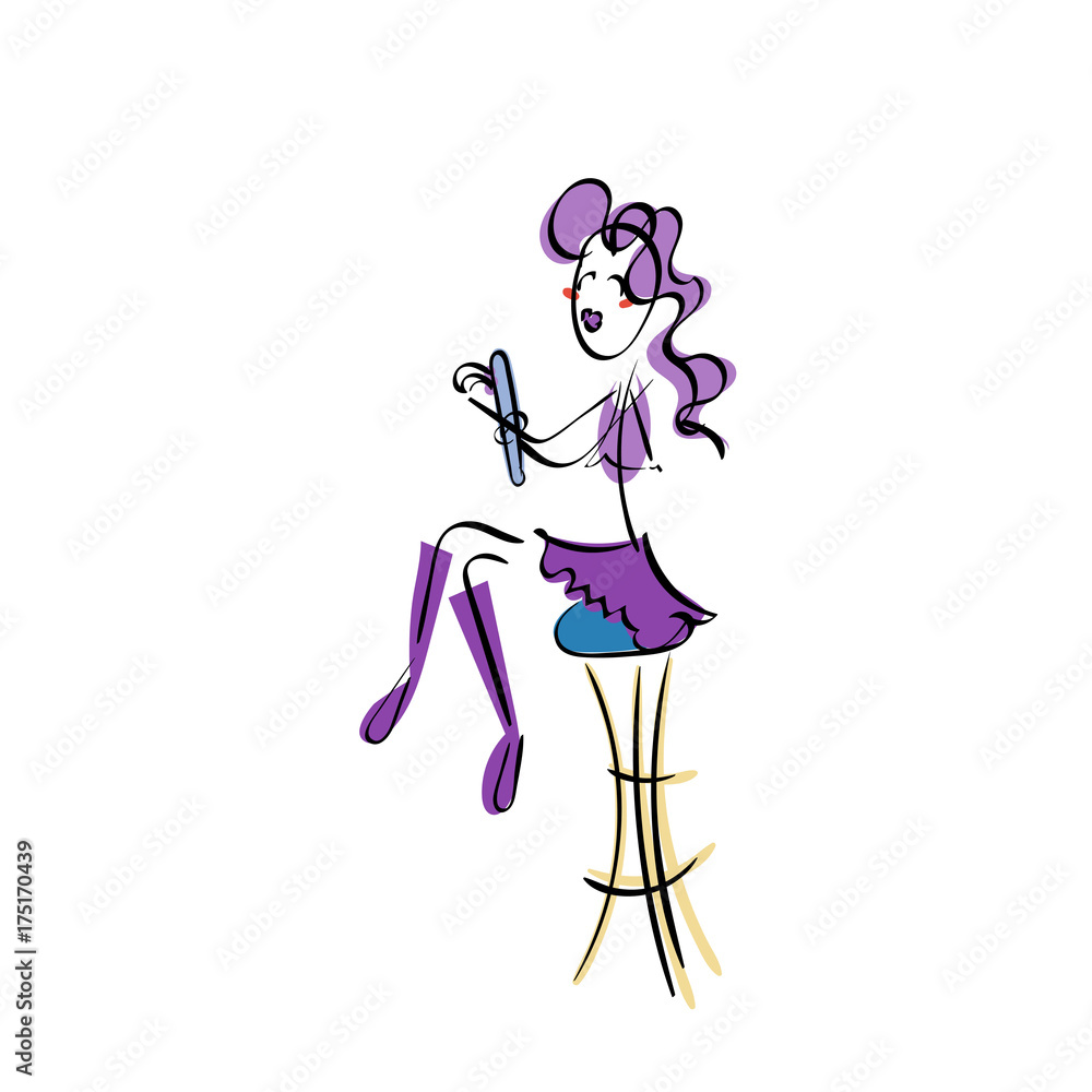 Doodle stickman illustration concept. Beauty cyber-girl on a stool making manicure Doodle stickman illustration concept. Beauty cyber-girl on a stool making manicure