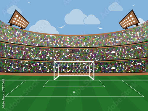 Sport stadium with soccer goal net, green grass, tribunes, fans and blue sky with cloud. Football arena. Flat style vector banner.