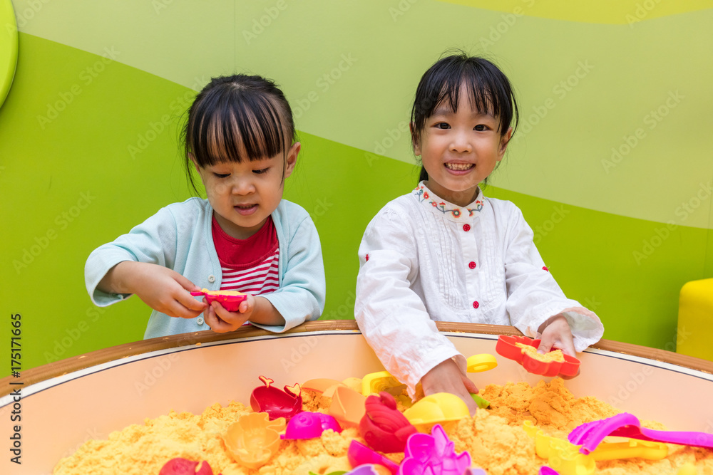 Asian Chinese Little Sister Playing Kinetic Sand Asian Chinese Little Sister Playing Kinetic Sand