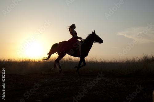 Silhouette young woman riding a horse in field at sunset
