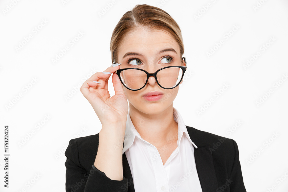 Close up picture of beauty blonde business woman in eyeglasses