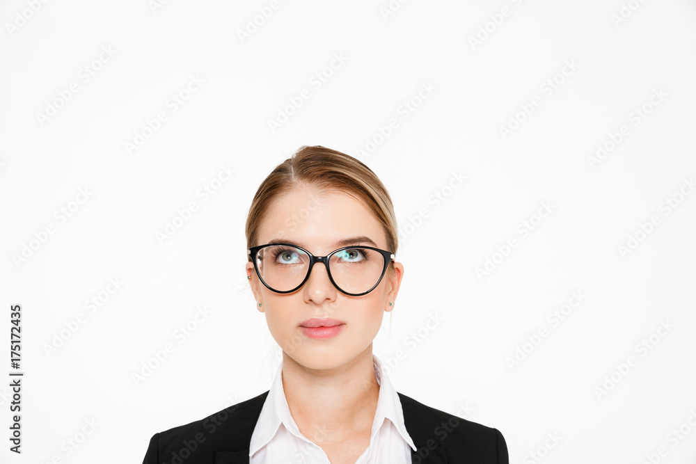Close up image of carefree blonde business woman in eyeglasses Close up image of carefree blonde business woman in eyeglasses