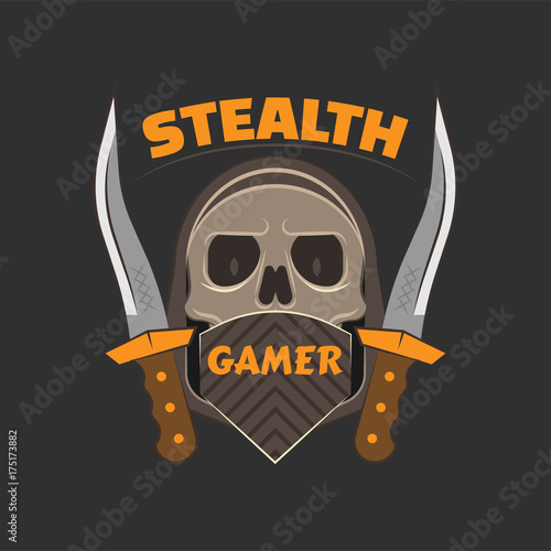 Photography Stealth gamer logo with a skull under face mask and hood and a dirk on both sides