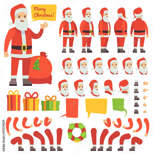 Funny santa claus cartoon character with christmas gifts. Vector creation constructor