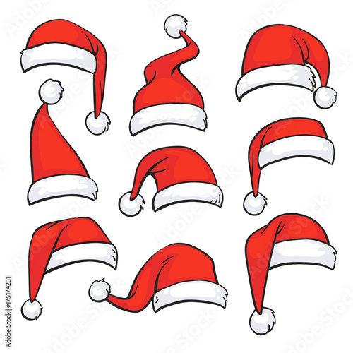 Santa red hats with white fur. Isolated Christmas holiday vector decoration