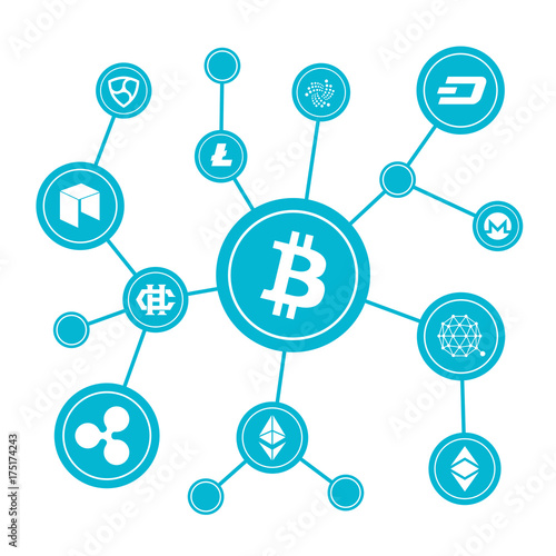 Blockchain blocks with cryptocurrency symbols. Internet money btc market vector concept