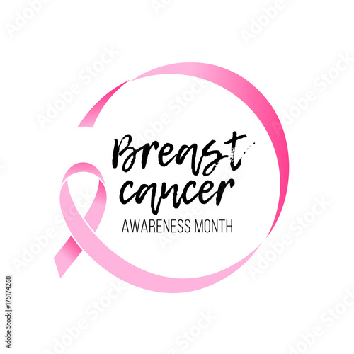 Obraz na plátně Breast cancer awareness month round emblem with hand drawn lettering