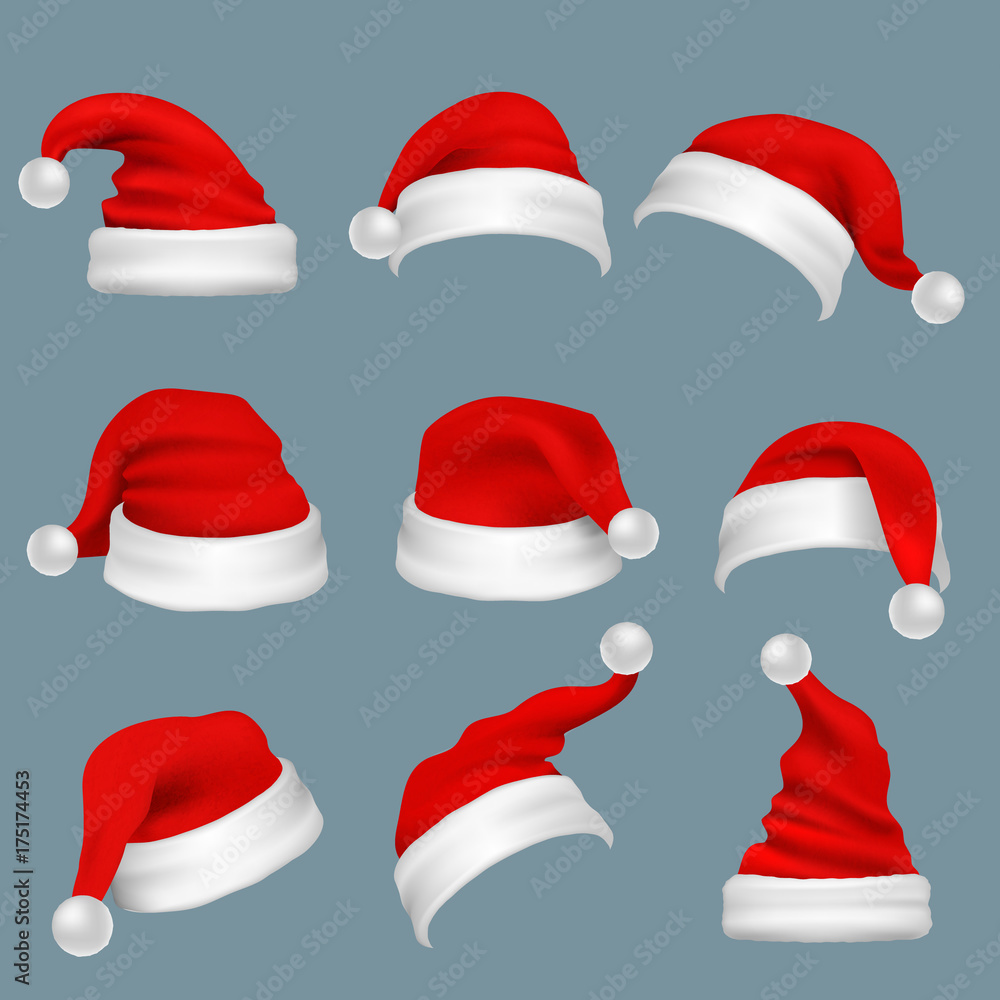 Realistic christmas santa claus red hats isolated vector set Realistic christmas santa claus red hats isolated vector set