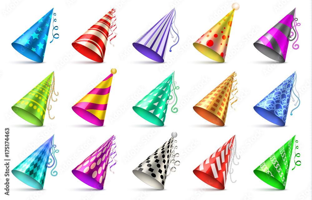 Paper birthday party hats isolated. Funny caps for celebration