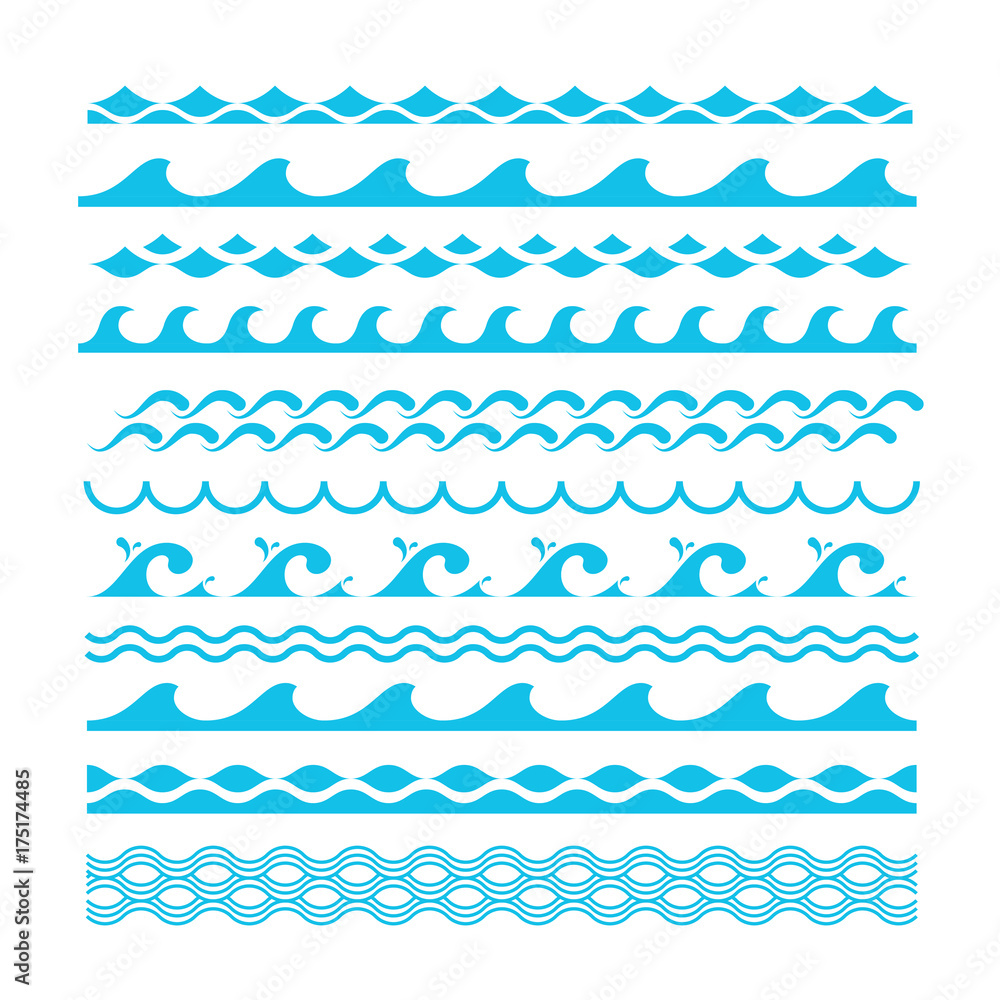Vector decorative blue sea waves. Water marine symbols set