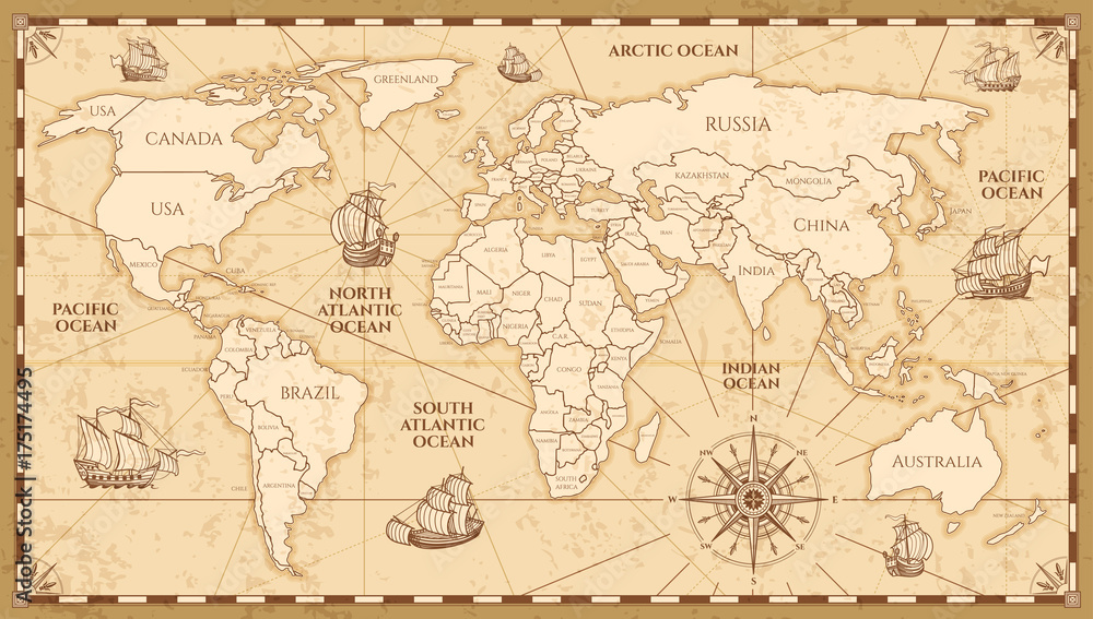 Vector antique world map with countries boundaries