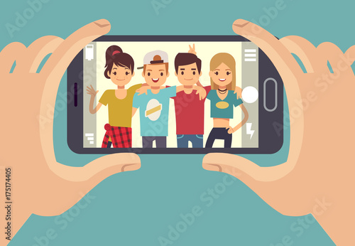 Young friends teenagers taking photo with smartphone. Friendship vector concept