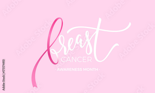 Breast cancer awareness month lettering emblem on pink background. Vector pink ribbon shaped in breast text lettering.