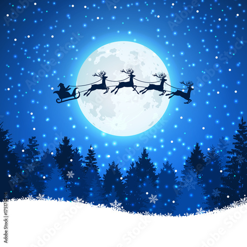 Christmas background with Santa and deers flying on the sky