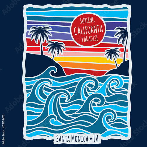 Vintage summer california surfing t shirt print design vector illustration