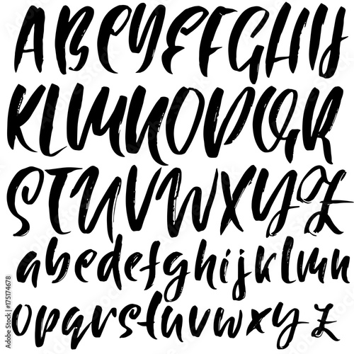 Hand drawn font. Modern brush lettering. Grunge style alphabet. Calligraphy script. Vector illustration.