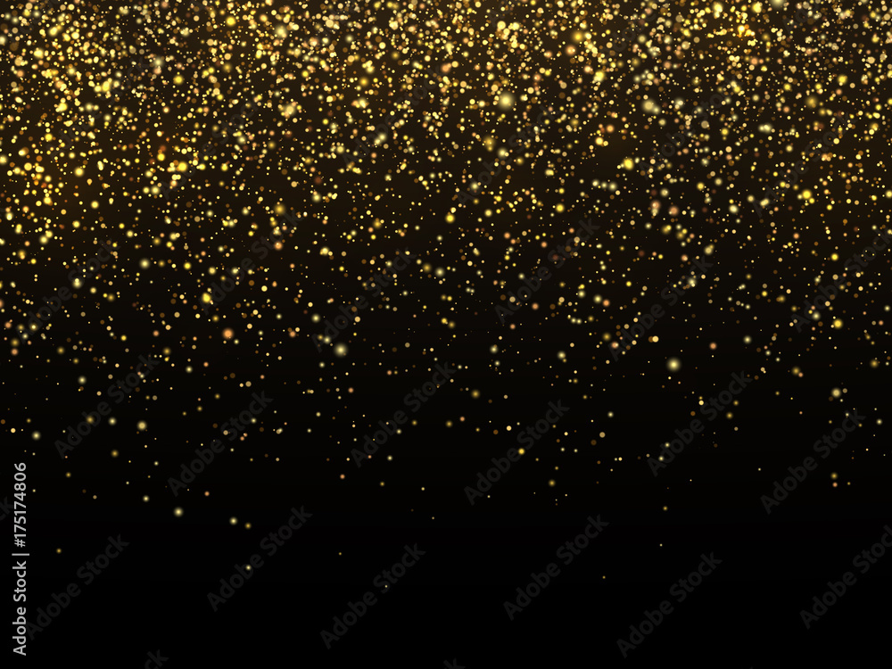 Golden rain isolated on black background. Vector gold grain texture celebratory wallpaper
