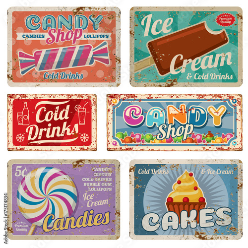 Vintage candy shop metal signs with rusty texture. Vector set