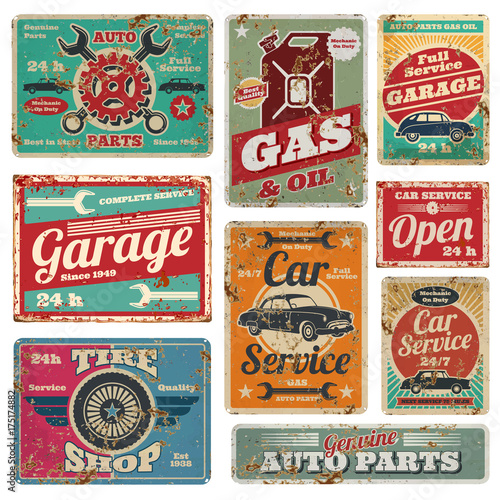 Vintage car service and gas station vector metal signs