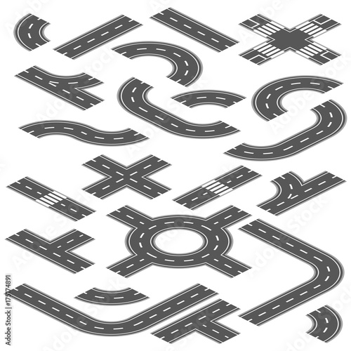 Isometric road and highway vector elements for city map creation