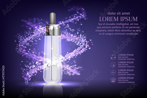 Purple essence repair with helical structure and a bottle of drops,