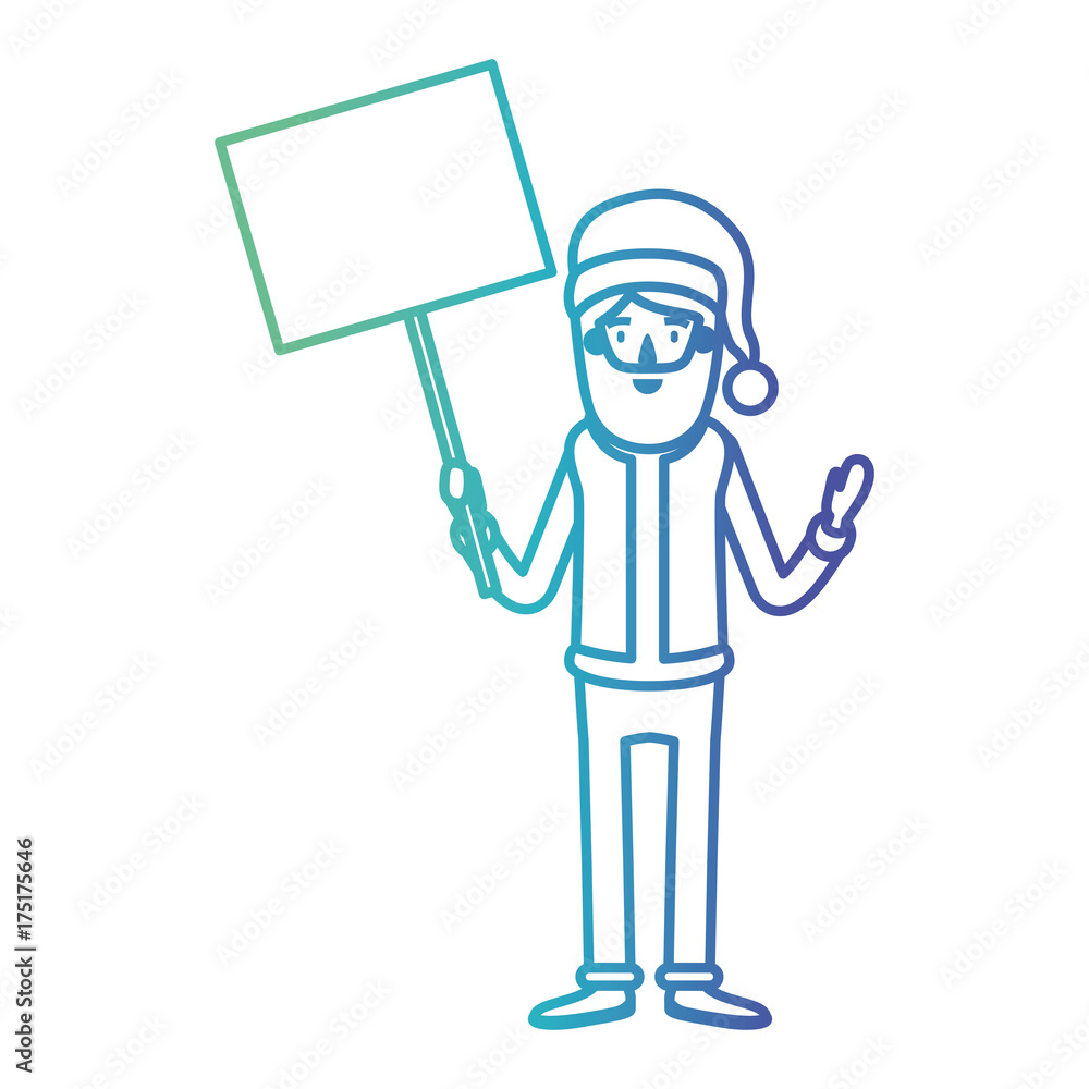 santa claus caricature full body holding a poster with pole with hat and costume on gradient color silhouette from blue to purple santa claus caricature full body holding a poster with pole with hat and costume on gradient color silhouette from blue to purple