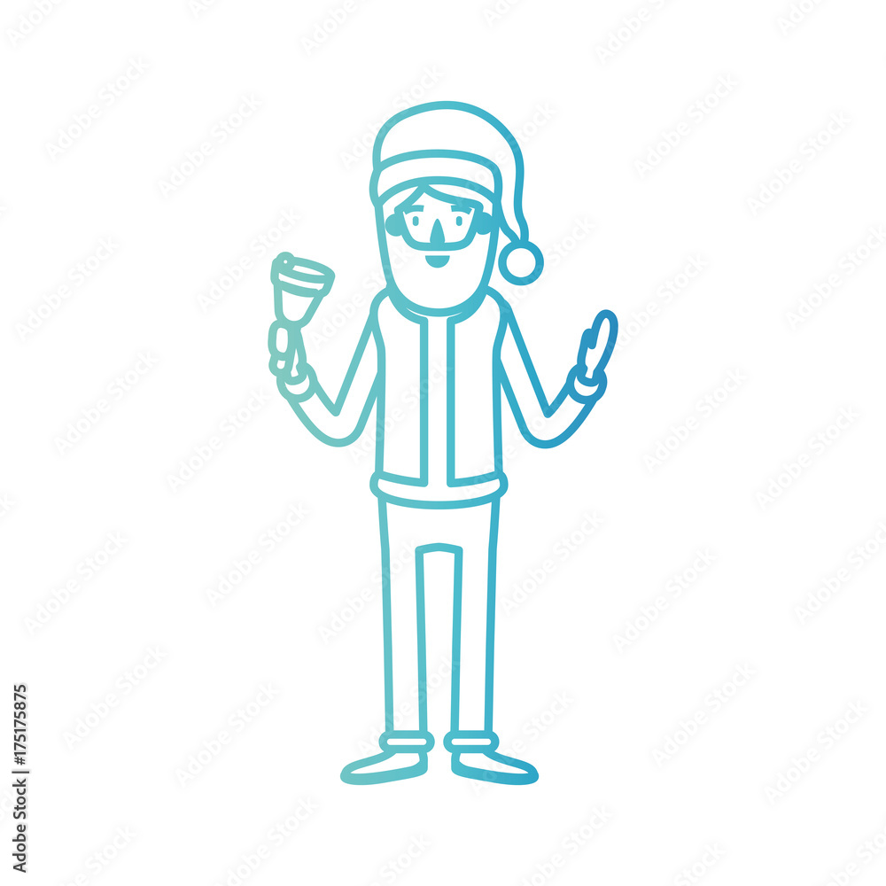 santa claus caricature full body holding a bell with hat and costume on gradient color silhouette from blue to purple santa claus caricature full body holding a bell with hat and costume on gradient color silhouette from blue to purple